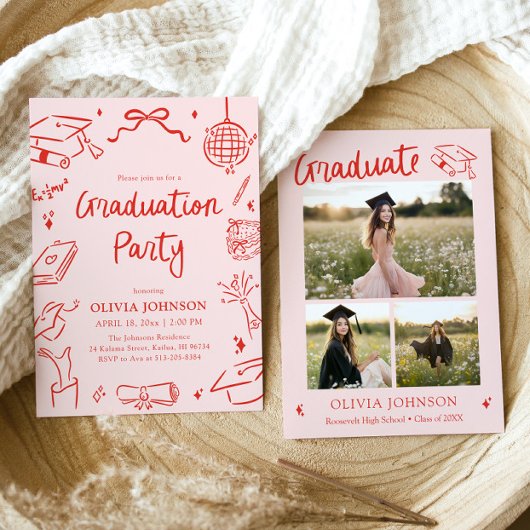 Invitation Modern Whimsical Hand Drawn Bow Graduation Party