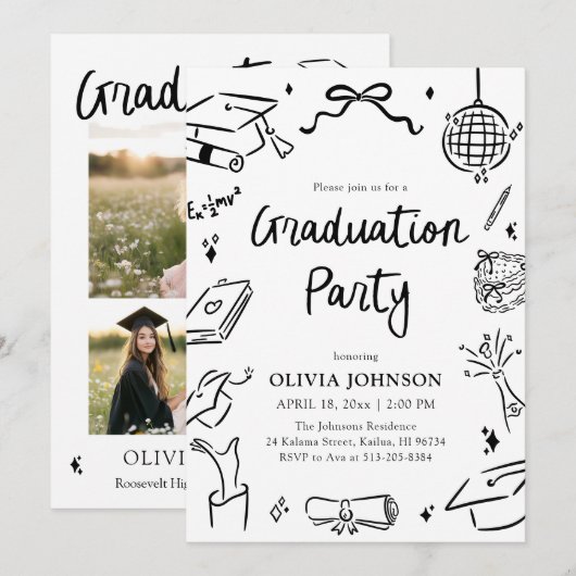 Invitation Modern Whimsical Hand Drawn Bow Graduation Party I (Devant / Derrière)