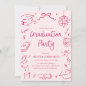 Invitation Modern Whimsical Hand Drawn Pink Graduation Party (Devant)