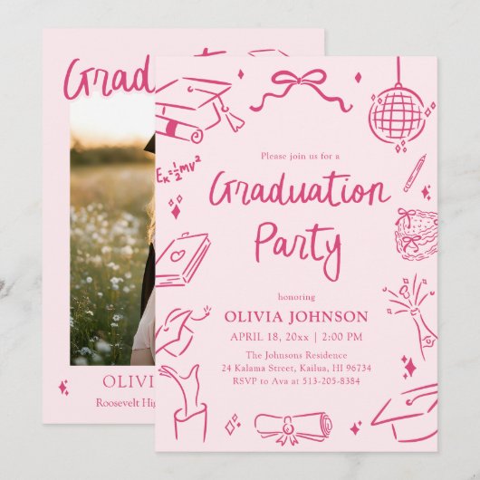 Invitation Modern Whimsical Hand Drawn Pink Graduation Party (Devant / Derrière)