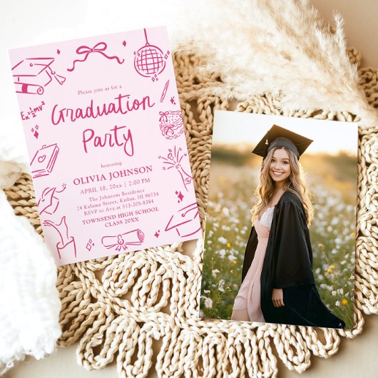 Invitation Modern Whimsical Hand Drawn Pink Graduation Party