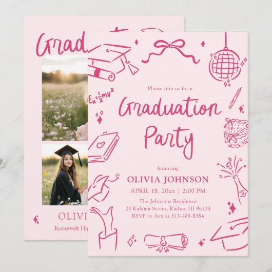 Invitation Modern Whimsical Hand Drawn Pink Graduation Party (Devant / Derrière)