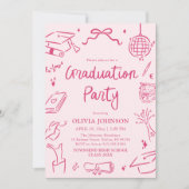 Invitation Modern Whimsical Hand Drawn Pink Graduation Party (Devant)