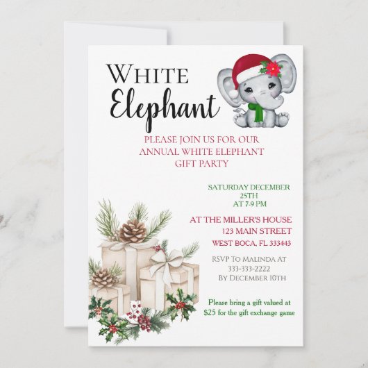Invitation Modern White Elephant Kids Christmas party  (Devant)
