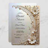 Invitation Modern White Flowers Pearls Bridal Shower (Devant / Derrière)