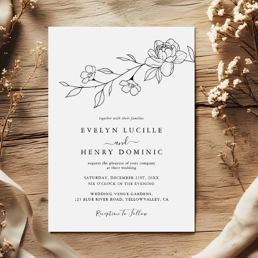 Invitation Modern Wildflower Floral Line Art Elegant Wedding