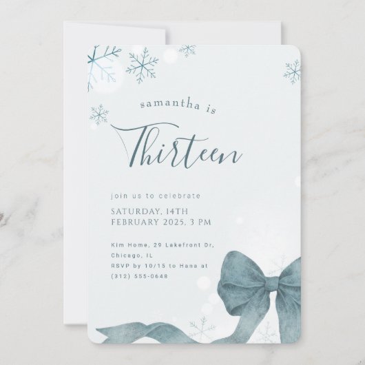 Invitation Modern Winter Snowflake Bow 13th Birthday Party (Devant)