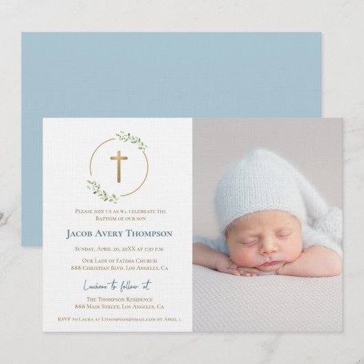 Invitation Modern Wreath Gold Cross Baby baptism Photo Blue (Devant / Derrière)