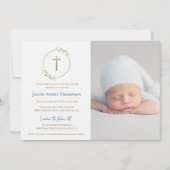 Invitation Modern Wreath Gold Cross Baby baptism Photo Blue (Devant)