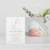 Invitation Modern Wreath Gold Cross Baby baptism Photo Blue (Debout devant)