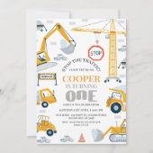 Invitation Modern Yellow Grey Construction 1st Birthday (Devant)