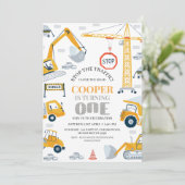 Invitation Modern Yellow Grey Construction 1st Birthday  (Debout devant)