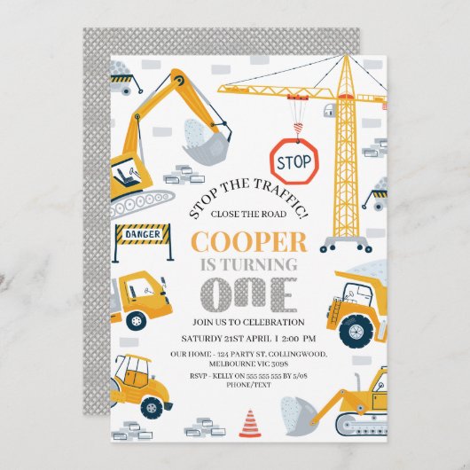 Invitation Modern Yellow Grey Construction 1st Birthday  (Devant / Derrière)