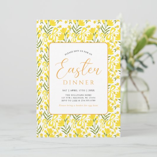 Invitation Modern Yellow Spring Floral Bow Easter Dinner (Debout devant)