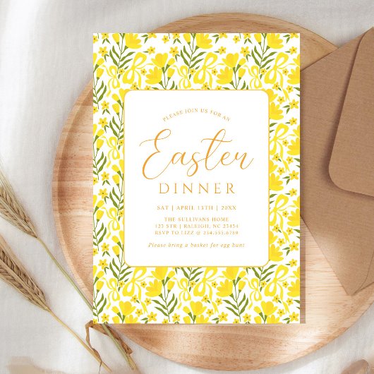 Invitation Modern Yellow Spring Floral Bow Easter Dinner