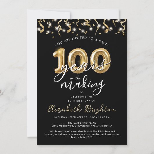 Invitation Moderne 100e anniversaire Script Balloon Streamers (Devant)