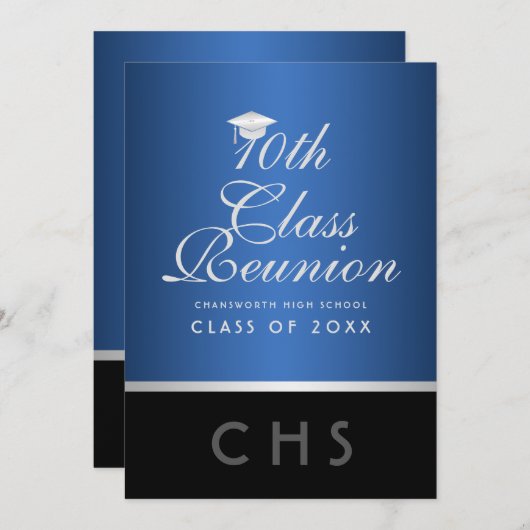 Invitation Moderne 10e Classe Réunion Bleu Argent Noir (Devant / Derrière)