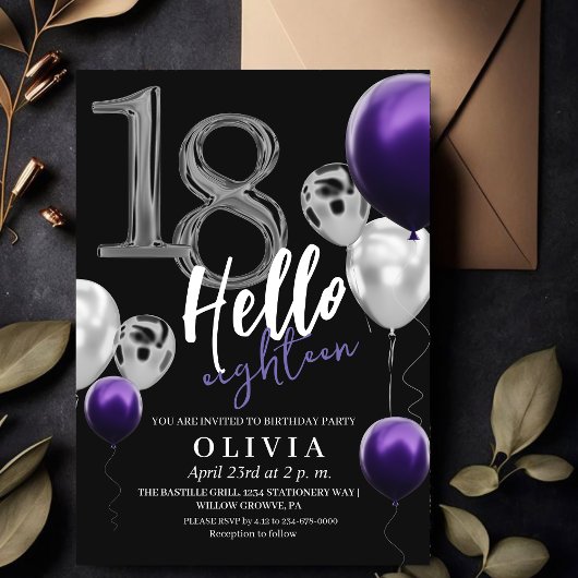 Invitation Moderne 18e anniversaire Black Silver violet Ballo