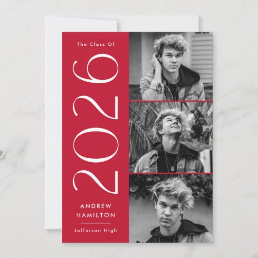 Invitation Moderne 2023 Red 3 Photo Graduation Party (Devant)