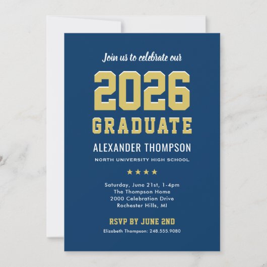 Invitation Moderne 2025 Graduate Navy Gold Graduation Party (Devant)