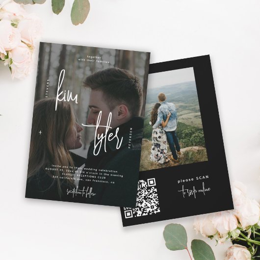 Invitation Moderne 2 photos QR CODE noms de script mariage