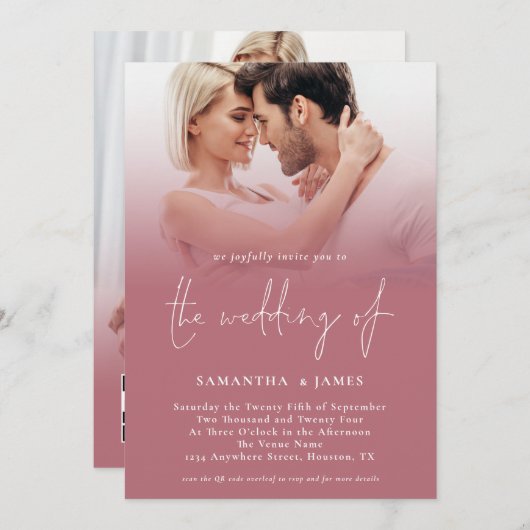 Invitation Moderne 2 Photos Script QR Rose Gold Mariage (Devant / Derrière)