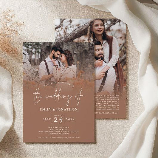 Invitation Moderne 2 Photos superposer QR Code Mariage Brown