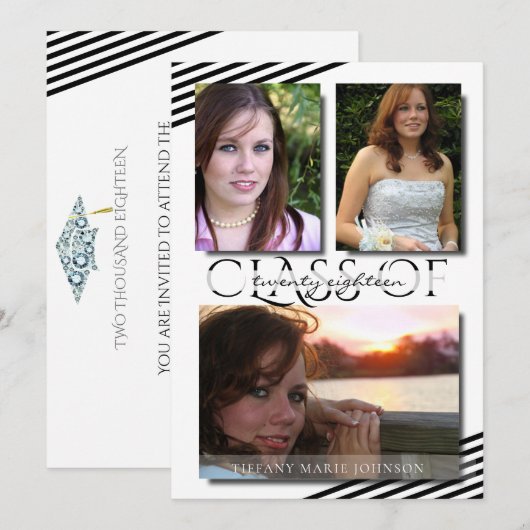 Invitation Moderne 3 Photo Black Stripes Graduation Party (Devant / Derrière)
