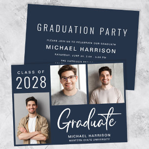 Invitation Moderne 3 Photo Blue Graduation Party