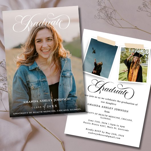 Invitation Moderne 3 Photo White Script Graduation