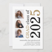 Invitation Moderne 3 photos Black Gold 2025 White Graduation (Devant)