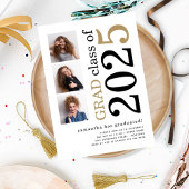 Invitation Moderne 3 photos Black Gold 2025 White Graduation