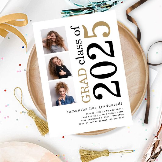 Invitation Moderne 3 photos Black Gold 2025 White Graduation