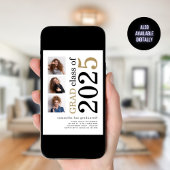 Invitation Moderne 3 photos Black Gold 2025 White Graduation