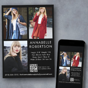 Invitation Moderne 3 Photos Modèle Acteur QR Code Comp Card