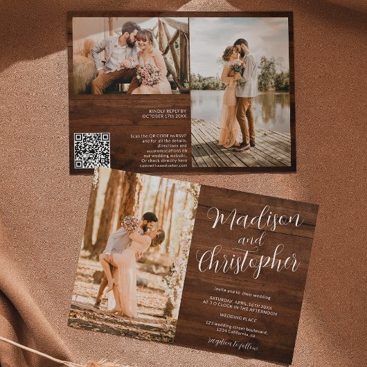 Invitation Moderne 3 photos noms bois Qr mariage