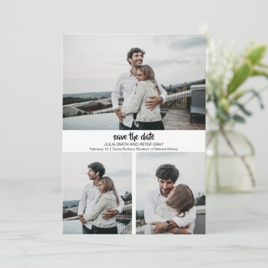Invitation Moderne 3 Photos Personnalisées Enregistrer La Dat (Debout devant)