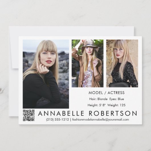 Invitation Moderne 3 Photos QR Code Modèle et Actor Comp Card (Devant)