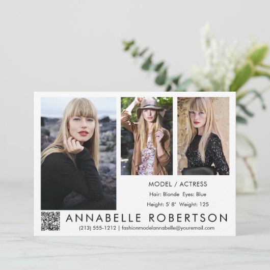 Invitation Moderne 3 Photos QR Code Modèle et Actor Comp Card (Debout devant)