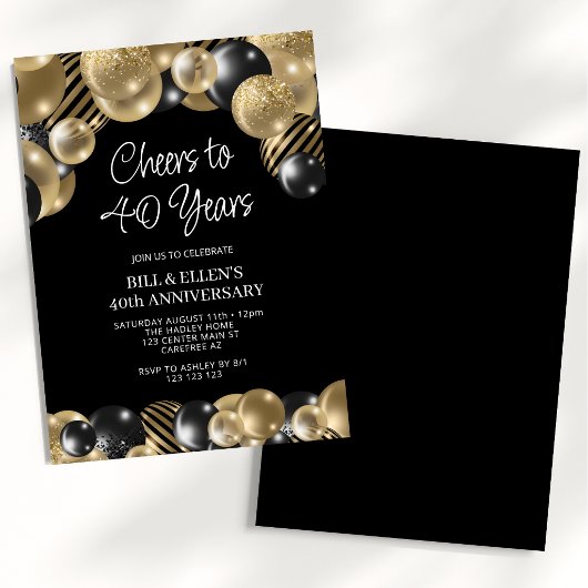 Invitation Moderne 40e anniversaire noir et or