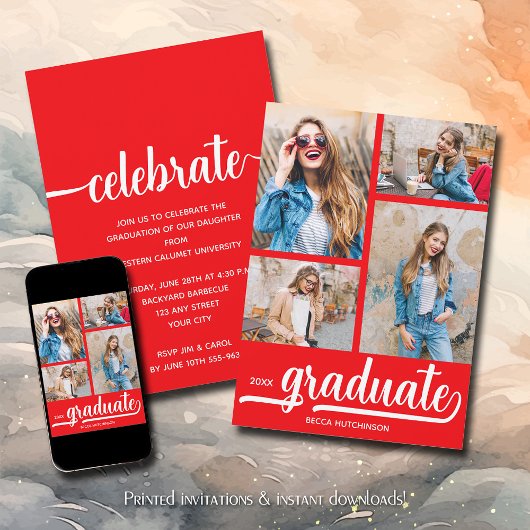 Invitation Moderne 4 Photo Collage Red Graduation
