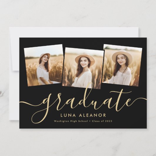 Invitation Moderne 4 Photo Graduation Collage Noir Et Or (Devant)