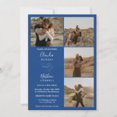 Invitation Moderne 4 Photos élégant script mariage blanc bleu (Devant)