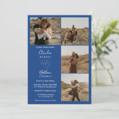 Invitation Moderne 4 Photos élégant script mariage blanc bleu (Debout devant)