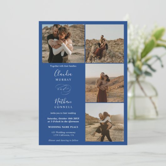 Invitation Moderne 4 Photos élégant script mariage blanc bleu (Debout devant)