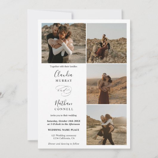 Invitation Moderne 4 Photos élégant script mariage noir blanc (Devant)