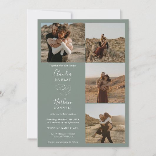 Invitation Moderne 4 Photos élégant script mariage vert sauge (Devant)