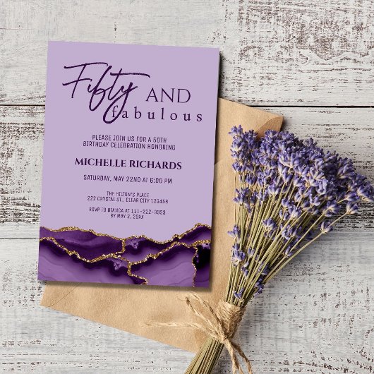 Invitation Moderne 50 ans et Fantastique Agate Or Violet