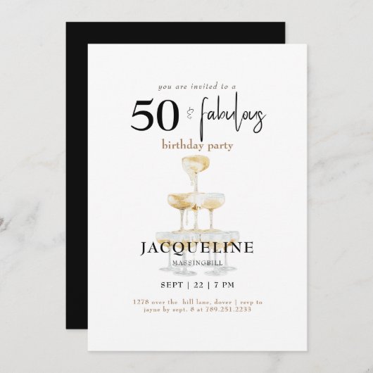 Invitation Moderne 50 & Fabuleux Black Birthday Party (Devant / Derrière)