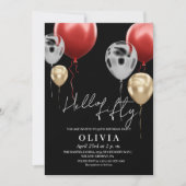 Invitation Moderne 50e anniversaire Black Silver Red Balloons (Devant)